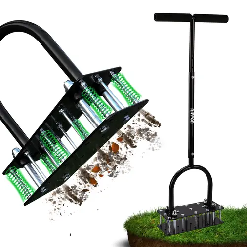 RIFPOD Lawn Aerator Automatic Dirt and Leaf Clean Design,GrassAerator for Yard and Garden,Soil renovation Hydrophobicpermeation Revives Lawn Health ,Heavy Metal Spring DutyLawn Aerator Tool with 15 lron Spikes Height Adjustable