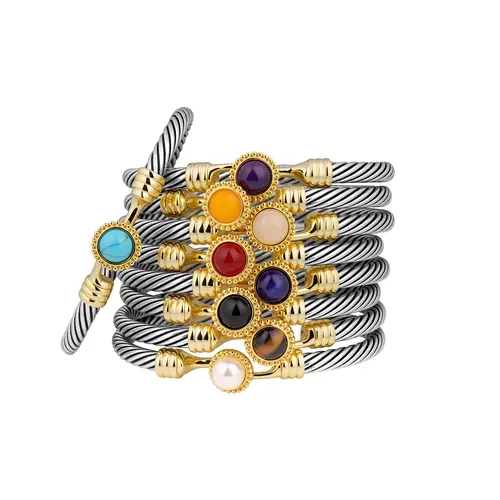 Aprilery Birthstone Positive Energy Healing Crystal Cuff Bracelet with Mixed Metal Aesthetic – Natural Gemstone Turquoise Bracelet Collection for Daily Wear & Birthday Gifting