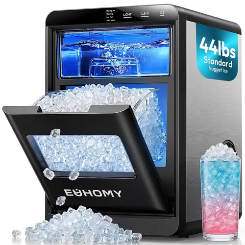 EUHOMY Portable Stainless Steel Countertop Nugget Ice Maker, 44lbs/day Self-Cleaning Machine with Ice Scoop, Basket, Light Display for Home Users (Black)