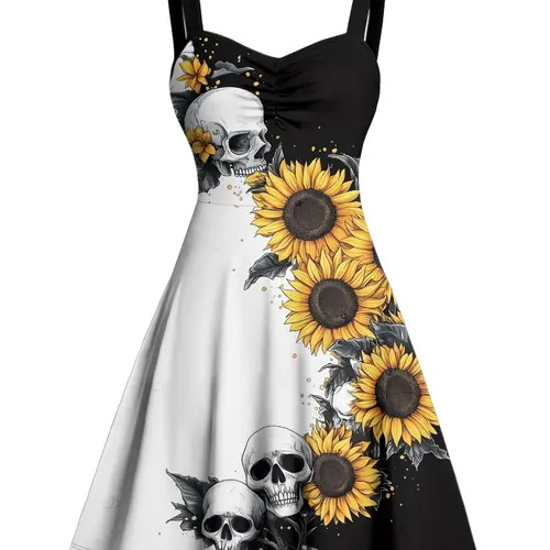 2026 Women's Gothic Dresses Contrast Color Sunflower Skulls Pattern Ruched Bust Dress Sweetheart Neck A Line Mini Holiday Dress