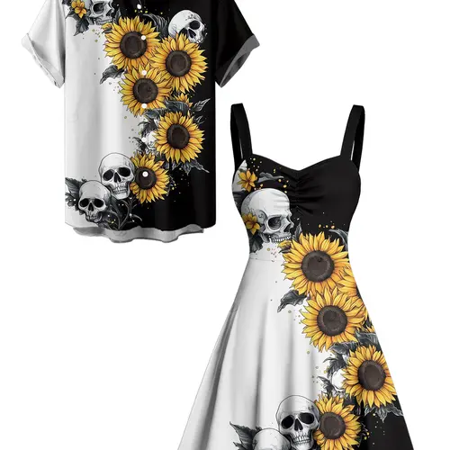 2026 Gothic Couple Outfit Women's Contrast Color Sunflower Skulls Pattern Ruched Bust Sweetheart Neck A Line Mini Dress and Men's Button Up Shirt Holiday Matching OutfitHoliday Dress    Gothic Dress    Women Dress    Fashion Dress    Casual Dress summerwi
