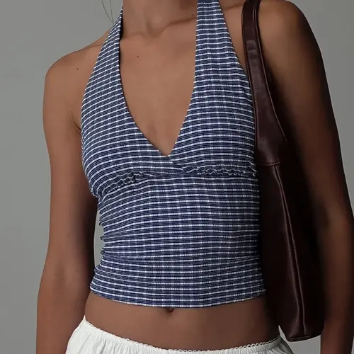 Women's Striped Print Backless Halter Crop Top, Casual Fitted Backless Sleeveless Cropped Top for Summer, Fashion Women's Top for Daily Wear, Womenswear, Halter Neck Camisole, Backless Tank Top