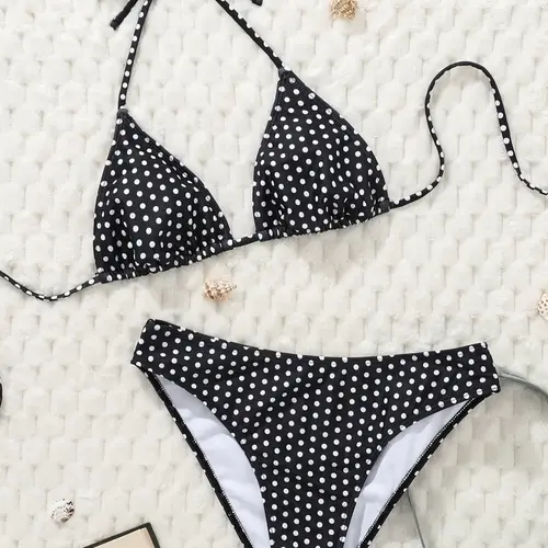 Sexy Polka Dot High-Cut Bikini Set, Summer Beachwear for Young Women, Casual Knitted Halter Two-Piece Swimsuit for Beach Holidays, Halter Neck Bikini, Polka Dot Swimwear, Swimwear Sets, Bikinis Sets