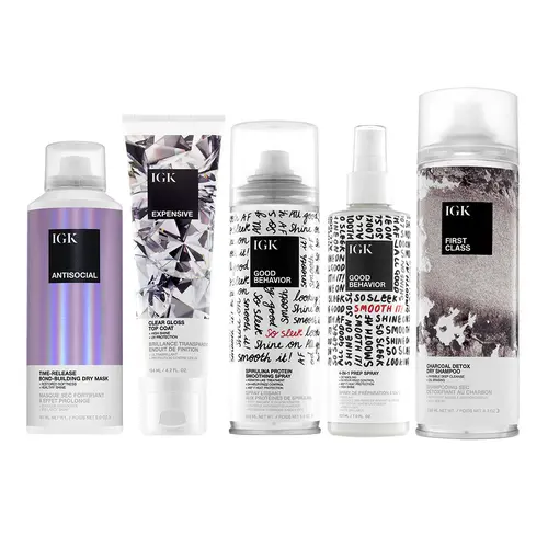 IGK Best Sellers Bundle - Antisocial Dry Hair Mask, Expensive High Shine Gloss Treatment, Good Behavior Smoothing Spray, Good Behavior 4 in 1 Prep Spray, First Class Dry Shampoo