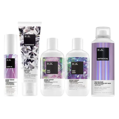 IGK Repair Bundle - Antisocial Dry Hair Mask, Expensive High Shine Gloss Treatment, Cash In Repair Serum, Pay Day Shampoo & Conditioner Set for Damaged Hair Care