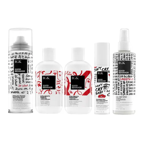 IGK Smoothing Bundle - Good Behavior Smoothing Spray, Good Behavior 4 in 1 Prep Spray, Good Behavior Supreme Seal Smoothing Serum, Good Behavior Ultra Smooth Shampoo, Good Behavior Ultra Smooth Conditioner