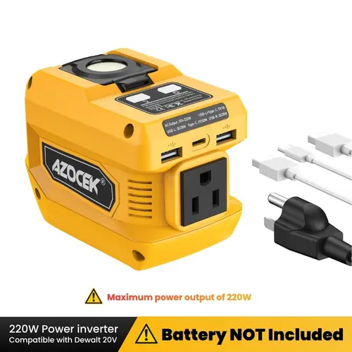 【Battery Not Included】Azocek 220W Portable Power Inverter Compatible with Dewalt 20V Battery, 400LM LED Work Light, DC 20V to AC 110V Converter — Ideal for Home Emergency Power, Outdoor Camping, Vehicle Maintenance & Job Sites