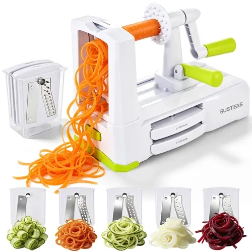 SUSTEAS Manual Mandoline Vegetable Slicer - Kitchen Gadgets with 5 Replaceable Detachable Blades, Sturdy Strong Suction Base, Smooth Hand Crank, 2/3/5/5.5mm Shreds/Wide Strips, Lightweight Durable, Safe Quick Even Cutting for Daily Fruits, Veggies, Five