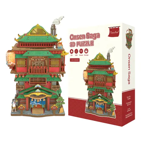 Tonecheer Unisex 3D Wooden Jigsaw Puzzle Kit - DIY Flat Board Wood Craft with Desktop Hidden Storage, Secret Storage Spaces, Auto-Lid Sensor Phone Holder, Japanese Theme Onsen Saga Mini Dollhouse, House Decoration Gift for Christmas,Birthday