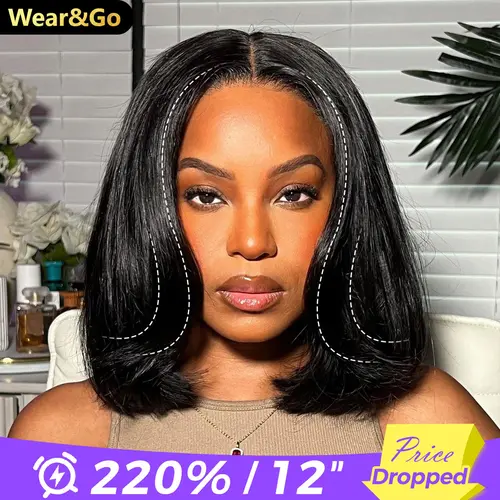 OQ Hair 9x6 TPart Layered Cut Wear Go Wigs 220% Density Yaki Straight Short Bob Wig Human Hair Pre Bleached Tiny Knots With Drawstring
