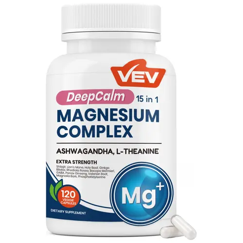 VEV 15 in 1 Magnesium Citrate & Glycinate Complex Capsules, Cortisol Support with Ashwagandha & L-Theanine, Edible Minerals Natural Dietary, 120 Vegan Capsules