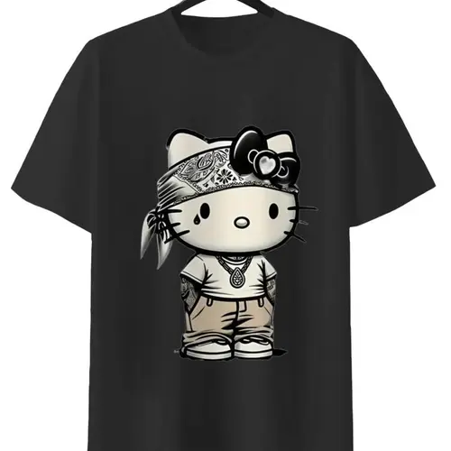 Sanrio Street Style Hello Kitty Unisex Tee - Black 100% Cotton T-Shirt with Classic Hello Kitty Graphic for Men & Women