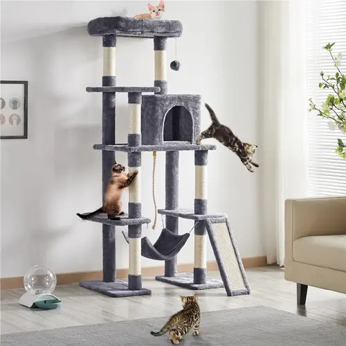 【On Sale】 Yaheetech 63-Inch Modern Multi-Level Cat Tree, Natural Sisal Scratcher, Kitten Condo, Hammock, Extended Platform, Dangling Ball & Rope, 30.5″ L × 19″ W × 63″ H, Pet Furniture for Play, Rest & Exercise