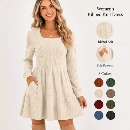 WIHOLL Womens Square Neck Long Sleeve Fall Dresses Casual Babydoll Sweater Dress