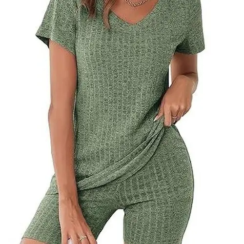 Ekouaer Women's Maternity Apparel 2-Piece Ribbed Lounge Set - V-Neck Top with Sexy, Modern Lift, Stretchy Breathable Knit Biker Shorts, Mix & Match Pregnancy Activewear, Stretchy Fabric