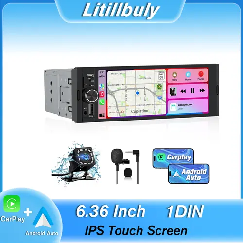 Universal Single Din Car Stereo with Wireless CarPlay & Android Auto, 6.36 Inch IPS Touch Screen Head Unit with Backup Camera/External Microphone, Car Radio Supports Bluetooth/SWC/FM/USB/TF