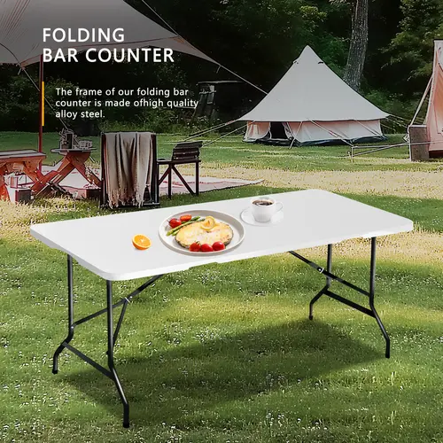 Rectangular White 6FT Folding Plastic Table, Portable Heavy-Duty Outdoor Utility Table with Lock Handle, Durable for Busy Use, 300lbs Capacity for Camping, Outdoor Events