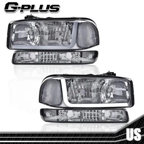 G-PLUS LED DRL Smoke Chrome Headlight Assemblies with Bumper Lamps, 4-Piece Bolt-On Exterior Upgrade Truck Parts for 99-07 GMC Sierra/Yukon, 00-06 GMC Yukon XL, LED Car Lights, 99-07 Models,toolupgrade
