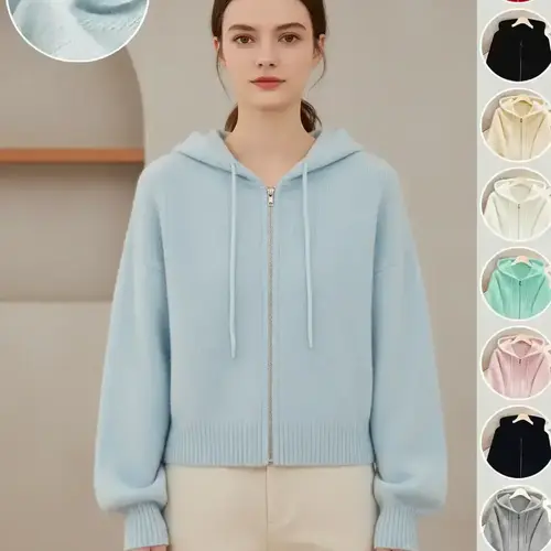 Women's Casual Hooded Knit Cardigan, Zipper Design, Blue Dopamine, Ribbed Hem & Sleeves, Long Sleeve, Fall & Winter Fashion, Knitwear, Knit Clothing