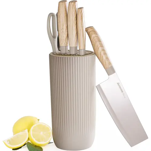 Astercook 6-Piece Stainless Steel Kitchen Knife Set for Chefs - Sharp, Anti-Rust, Ergonomic Design with Universal Knife Block (Beige)