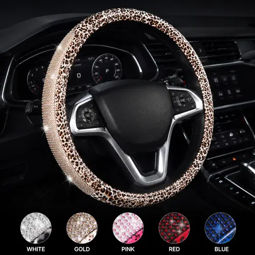 AutoYouth Leopard Print Faux Leather Steering Wheel Cover with Diamond Bling Crystal Rhinestones, Non-Slip Breathable, Universal 14.5-15 inch for Truck SUV, Accessories for Women & Girls, Cool Car Stuff, Car Decor Gift, Car Interior Accessories