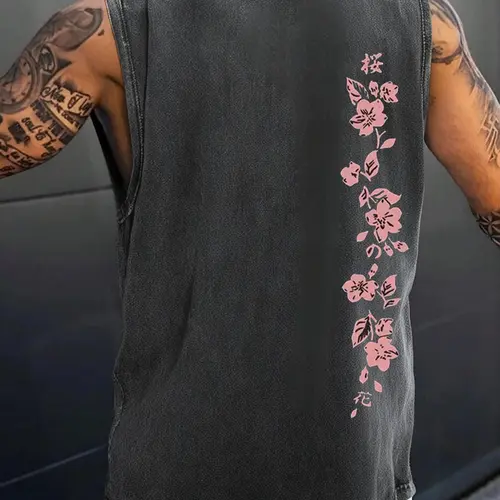 Men's Floral Print Graphic Round Neck Tank Top, Loose Casual Breathable Summer Beach Style Casual Fashionable Fashion Sleeveless Top for Daily Wear, Men's Clothes for All Seasons
