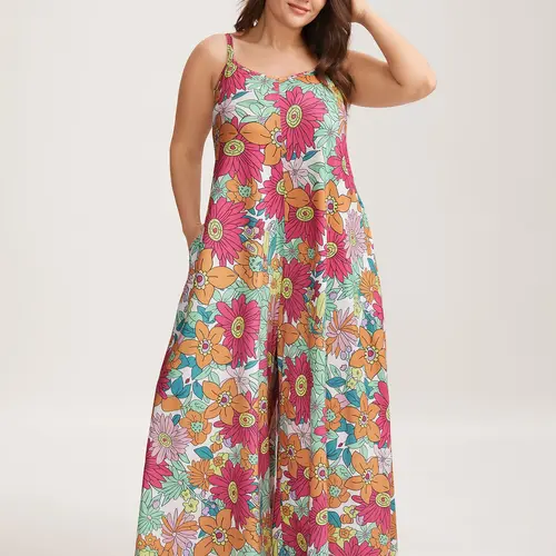 BloomChic Women's Plus Size Jumpsuit, Bohemian Ditsy Floral Print, Casual Sleeveless Flared Leg with Adjustable Straps and Pockets, Casual Jumpsuits, Flared Jumpsuit