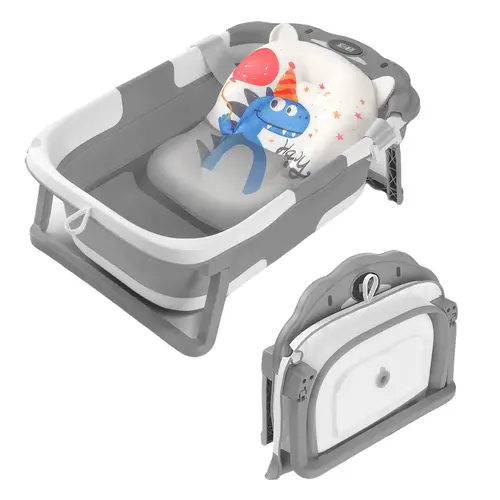 Collapsible Fold Baby Bathtub with Swing Seat, Temperature Sensor, Soft Floating Cushion & Easy-Pull Rubber Drain Plug, Portable Travel Tub Baby & Bath Seats for 0-36 Months Newborns to Toddlers (Crab Gray)