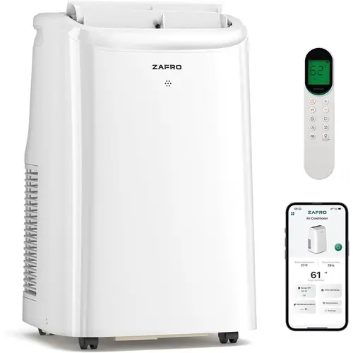 ZAFRO Portable AC - 12000 BTU (8000 BTU SACC), Low Maintenance, Adjustable Temperature, Smart Climate Control, Fan, Dehumidifier, 24H Timer, APP/WiFi Remote, Intuitive LED Display, Quick Setup for Bedroom, Office, Cooling Solutions, Residential, Energy Sa