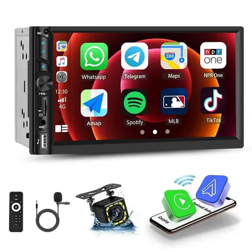 HIKITY Double Din Wireless Carplay Android Auto Car Stereo Car Accessories, 7” IPS Touch Screen Audio Receiver with YouTube Playback, WiFi, GPS, FM, Bluetooth Hands-Free, Mirror Link, Backup Camera, EQ, USB/AUX/SWC, MIC, Father's Day Gift