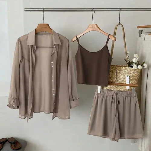 Women's Plus Size Three-Piece Set, Loose Fit Baggy Sun Protection Long Sleeve Shirt + Tank Top + Elastic Waist Shorts, Boho Casual Vacation Clothes