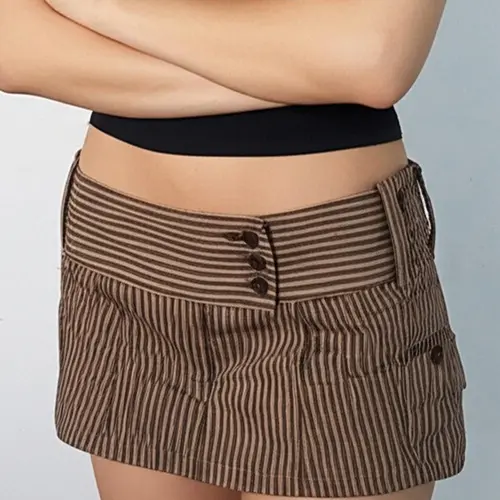 Women's Striped Print 2 in 1 Button Fly Skirt, Y2K Casual Fashion Mini Skirt for Daily Wear, Ladies Bottoms for All Seasons Womenswear, Striped Fitted Skirt, Casual Fashionable Skirt