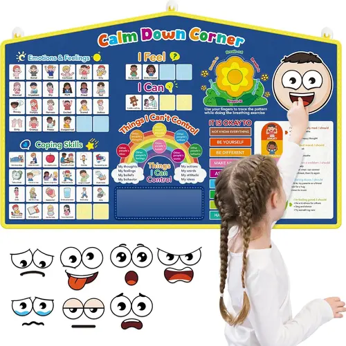 Kids' Emotions Felt Board Chart - Calm Down Corner Tool, Social Emotional Learning Teaching Supplies, Counselors' Classroom Decor, Homeschool Supply, 24 Coping Cards, Visual Chart with Guide