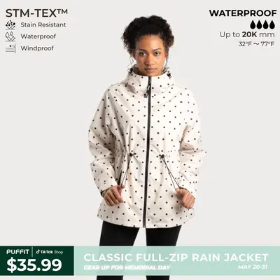 PUFFIT STM-TEX Waterproof Lightweight Hoodie Jacket,Women's Warm Full Zip Rain Coat Adjustable Waist & Hood & Cuff Design Comfort Casual Inner Pocket,Out Door,Shell Jacket,Spring Jacket,Windbreaker,Dog Walking,School Running,Football Mum,Womenswear