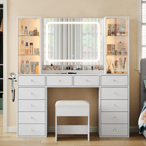 FUSOU Sturdy 12-Drawer LED Vanity Dresser - Lighted Vanity Desk with Charging Station, LED Mirror, 2 Glass Cabinets, Glass Top, Chair, 3 Color Modes, Adjustable Brightness (2-Package Shipping) for Mom, Bedroom Storage Decor, Modern Makeup Vanity, Makeup V