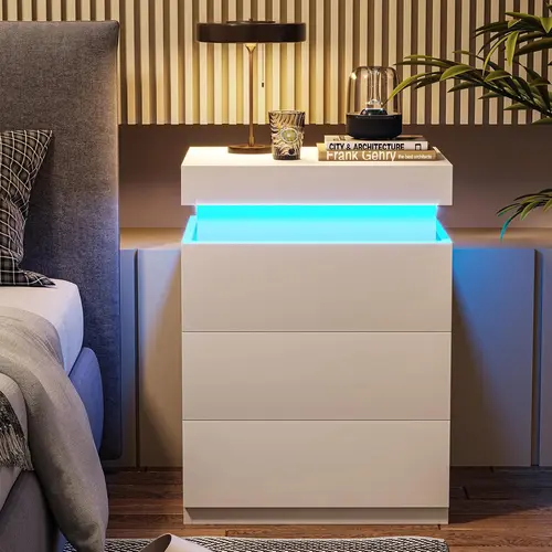 Sikaic Nightstand with Charging Station and LED Lights, White Bedside Table with Sliding Top Drawer and Storage Drawers, Modern Night Stand End Side Table for Bedroom Tabletop Design, Home Furniture Christmas Gifts [SohoChic]