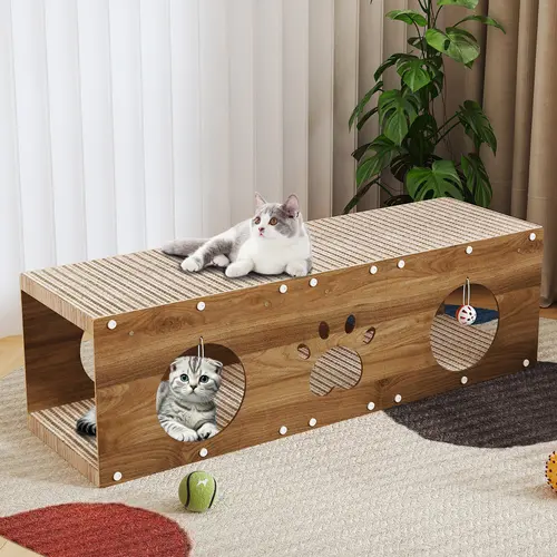 IRONCK Multi-Use Wooden Cat House & Scratcher with Ball Toy, Thick-Pillar Pet Furniture for Indoor Safe Play, Large Solid Wood Cat Bed, Easy-to-Install Normal Build Wooden Kennel