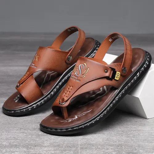 Men's Classic Synthetic Slip-On Wedge Sport Flip Flops - Plain PU Upper, Rubber Sole, Lightweight Waterproof Non-Slip Thong Slippers, Brown Outdoor Holiday Casual Shoes, Father's Day Gift Option