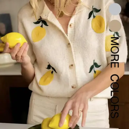 Women's Lemon Embroidery Cardigan, Casual Short Sleeve Knitwear for Daily Wear, Ladies Knit Top for All Seasons, Knit Cardigan Sweaters