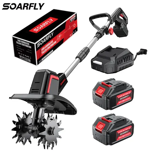 【20V 360RPM + 2 Batteries】SOARFLY 20V Electric Tiller, 360 RPM, With 2×4.0AH Batteries & Charger, 9 inch Width, 6.6 inch Depth, 48 Steel Tines Rototiller for Lawn/Gardening/Soil Cultivation