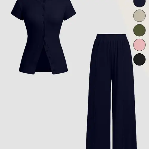 Women's Solid Color Knit Button Front Fitted Top & Wide Leg Pants, Basic Casual Minimalist Two-piece Set for Daily Wear, Ladies Clothes for All Seasons, Womenswear Trouser Sleeve