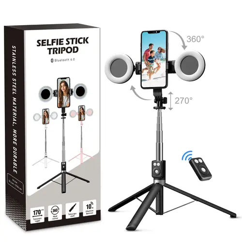 6-in-1 Smartphone Selfie Tripod-Stick with Dual Fill Lights, Bluetooth Remote Control, 360° Rotatable Detachable Holder, Extendable Rod, Portable Vlogging Equipment for Android Phones