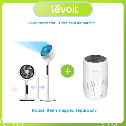 Levoit Corebreeze R432 Oscillating Adjustable Angle Cooling Fan & Core Mini Air Purifier Bundle - DC Motor, 9-Speed Smart Sense, Smart Sensor Technology, Remote, Timer, 908CFM, 3-in-1 Filter, Quiet, 82ft Reach, Efficient & Uniform Cooling, Bedroom Use, Qu