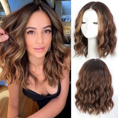Women's 14-Inch Wavy Bob Lace Front Wig, Brown Highlight Heat-Resistant Synthetic Hair, Beginner Friendly Glueless Wig with Natural Texture, Adjustable Cap Hugs Head, Lightweight Airy Cap, Natural Looking Wig