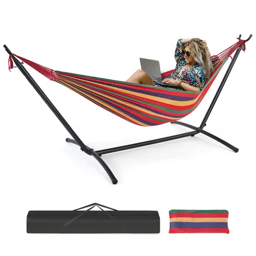 Double Hammock with Space Saving Steel Stand Heavy Duty 2 Person Standing Hammocks 450lb Capacity for Outside Garden Yard with Portable Carrying Bag
