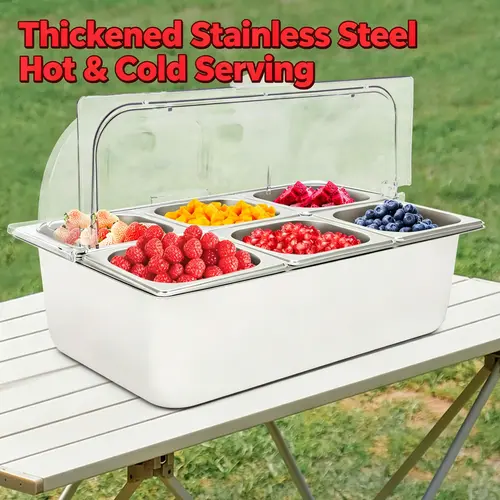 Stainless Steel & PC Ice Food Serving Display Tray with Clear Roll Top Cover - 6 Pans, Hot & Cold Serving, Ideal for Buffets and Parties Containers, Airtight Leakproof, Leakproof Kitchen Containers, Modern Storage Containers