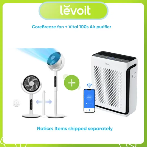 Levoit Corebreeze R432 Oscillating Circulator Pedestal Fan-Vital 100S Smart WiFi Air Purifier Bundle, DC Motor, 9-Speed, Ultra-Quiet 20db, Pedestal Stand, Oscillating Base, Fan for Bedroom, Remote, Sleep Mode, Covers Up to 1110 Ft²