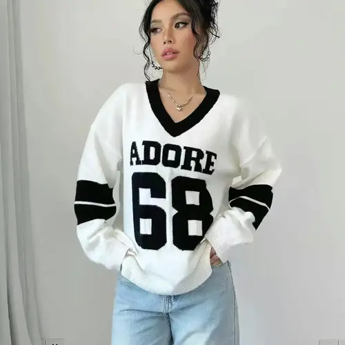 Autumn Winter Color Block V Neck Sweater for Women, Lady, Womenswear Casual Loose Knitwear with Letter Design, Trendy Streetwear, Comfortable Long Sleeve Sweatshirt, Tops, Knitting, Fashion Knitwear, Casual Cozy Jumper