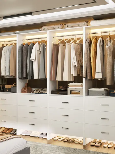 Modular Closet System with Wooden Drawers ＆ Hanging Rod, Freestanding Walk-in Closet Organizer Wardrobe Clothes Rack for Small Space