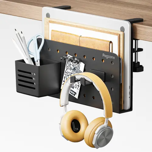 PEGZONE Desk Side Storage Organizer, No Drill Under Desk Laptop Holder, Clamp on Desks Shelf with Pegboard Accessories, Hanging Laptop Mount, Fits Flat Edge 0.4" to 2.2" tiktokshopbacktoschool, Office Desk Organizer, Desk Organizers, Multi Functional Orga